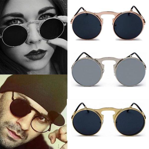 

sunglasses retro round metal frame polarized ladies and men steampunk anti-ultraviolet flip glasses oculos dsol redondo, White;black