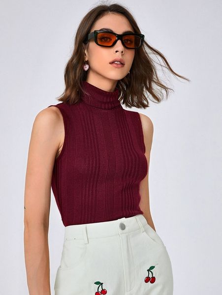 

solid high neck ribbed knit tank l3xq#, White