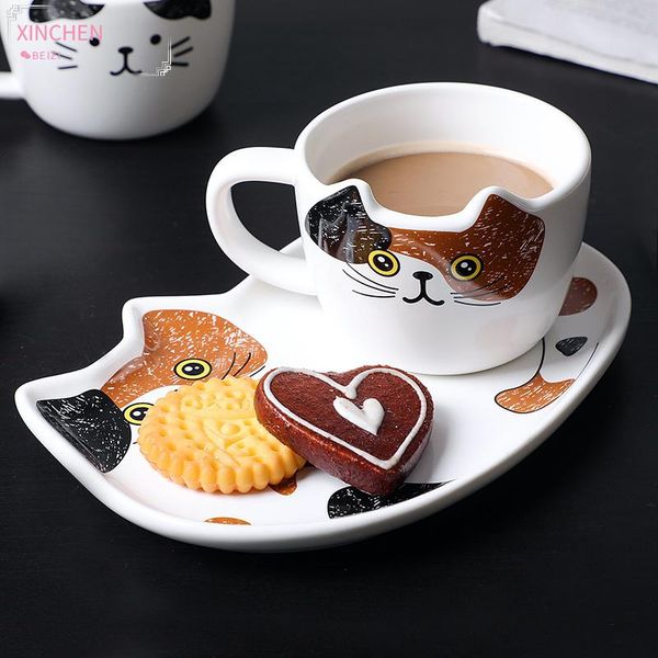 

cute cat ceramics coffee mug set handgrip animal mugs with tray creative drinkware tea cups novelty milk cup breakfast