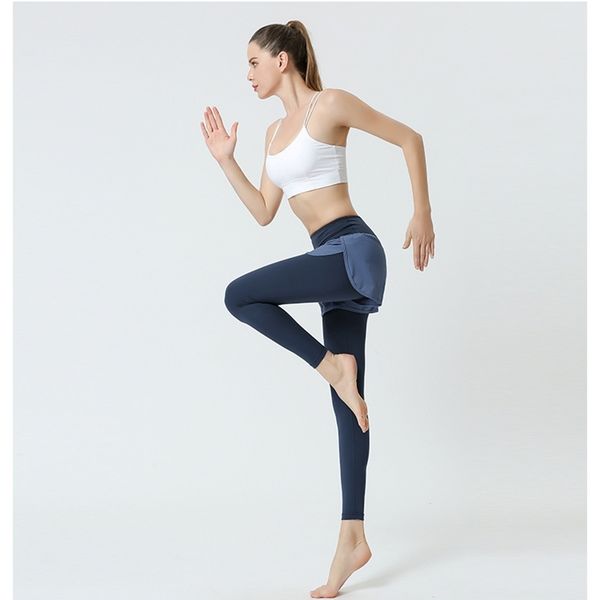 

lulu 2021 new tights lined outer shorts stitched sports fitness women's fake two-piece pants, Black