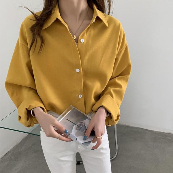 

women's blouses & shirts casual lapel single-breasted shirt women 2021 autumn korean loose long sleeve female blouse solid chic ladies, White