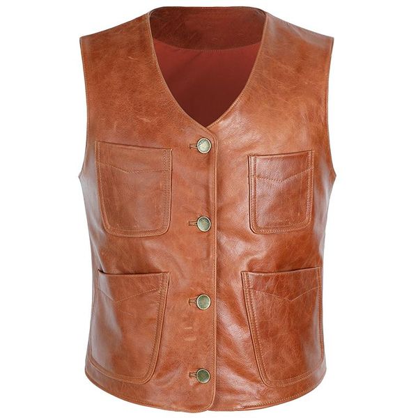 

men's vests 2021 light brown men four pockets casual genuine cowhide autumn slim fit short natural leather vest, Black;white