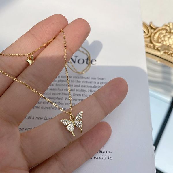 

sterling silver cute flash diamond butterfly double necklace for women simple design crystal elegant wedding jewelry gifts chains