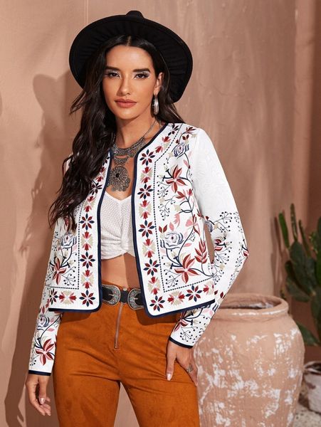 

open front floral print jacquard jacket k3sj#, Black;brown