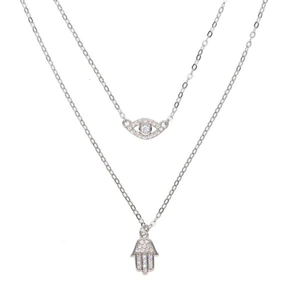 

chains 925 sterling silver with cz paved eye hand hamsa charm double chain layer choker necklace gold color plated