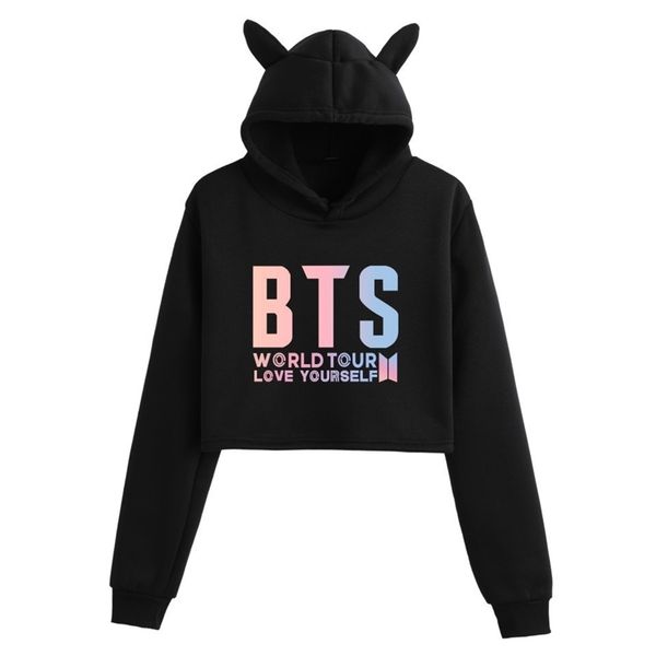 

selling bulletproof youth league same dol printing fashion trend open navel cat ear plush hooded sweater, Black