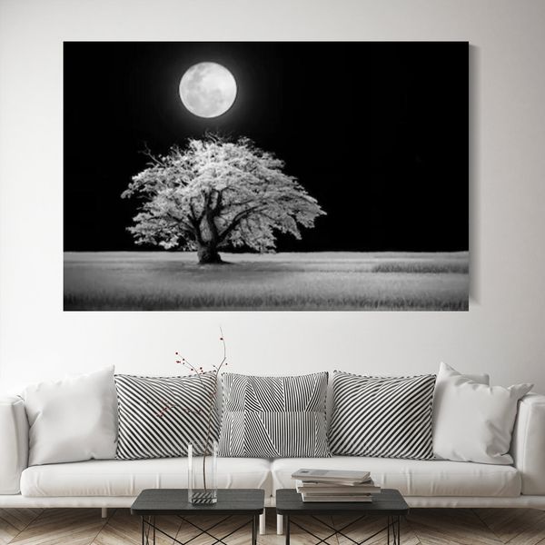

black white tree night landscape moon canvas painting prints and posters wall pictures for living room home decor