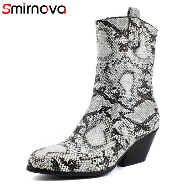 

boots smirnova arrival 2021 winter autumn fashion snake prints round toe high heels party shoes ladies ankle, Black