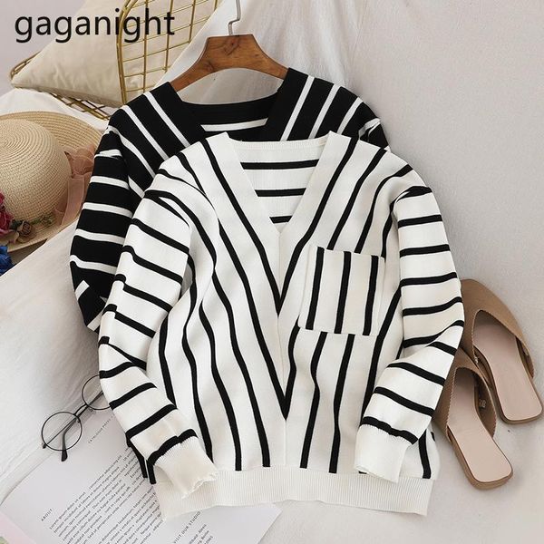 

gaganight slim women striped sweater fashion office lady knitted outwear pullovers v neck streetwear pull femme sweaters women's, White;black