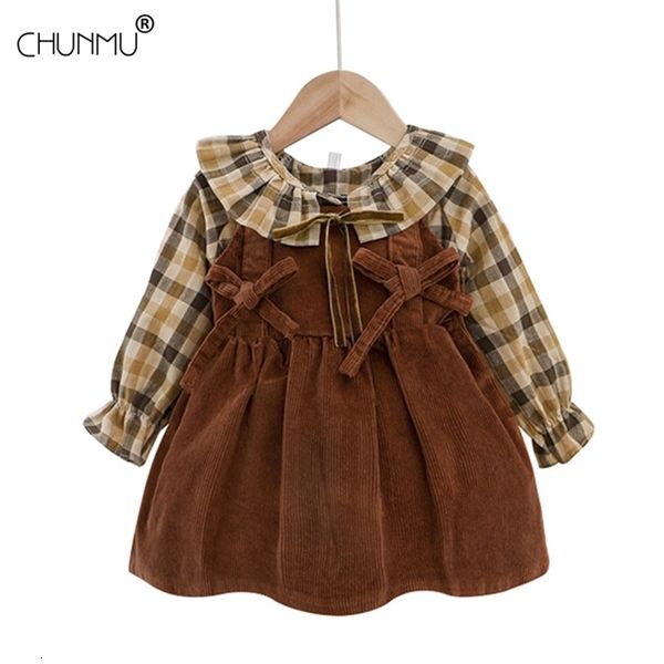 

girl's dresses girls autumn infant baby party princess dress elegant long sleeve plaid shirt + corduroy strap newborn clothes 1027, Red;yellow