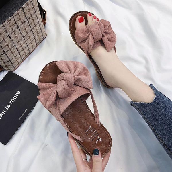 

summer korean version of all-match flat bow flip-flops women's fashion outer wear flip-flop beach sandals slippers, Black