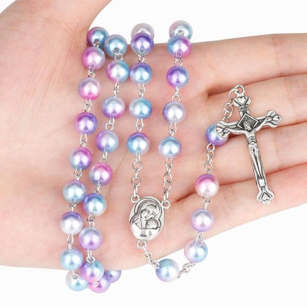 

8mm imitation pearl bead holy rosaries necklace cross center rosary catholic land valentines day birthday pendant necklaces, Silver