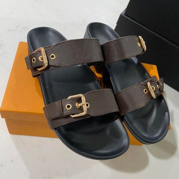 

luxury designer sandals ladies brown flower leather slide cool gold buckles sandal women summer slippers with box q-25, Black