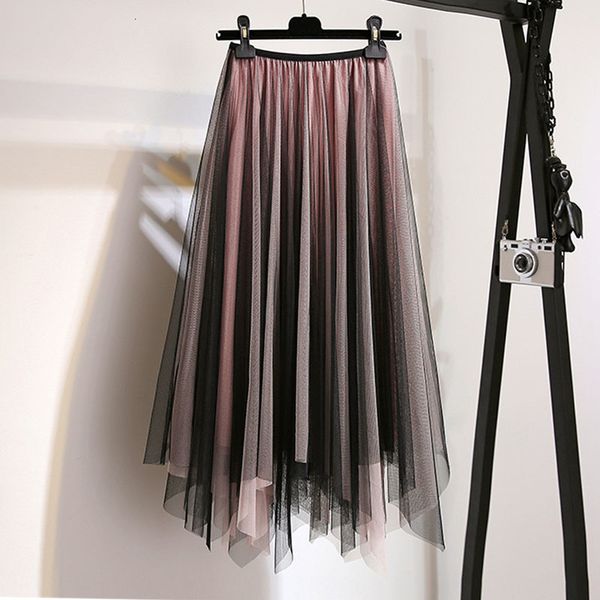 

casual dresses spring irregular gradient colored patchwork tulle long pleated skirt women summer a-line mid-calf mesh gox1, Black;gray