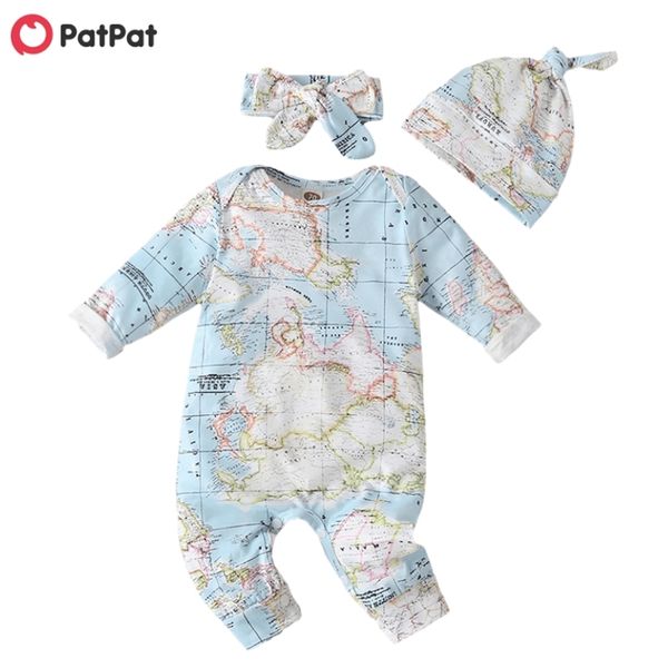 Tuta a maniche lunghe con stampa mappa in cotone per bambini in 3 pezzi primaverili e autunnali, cappello Headb 210528