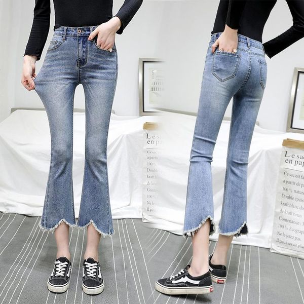 

women casual wide leg jeans high waist stretch streetwear irregular -edge trouses women's, Blue