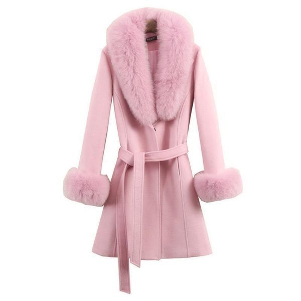 

women's wool & blends yuey 2021 women fur woolen coat knee mid-length korean fashion big collar beautiful cloak red pink white camel s, Black
