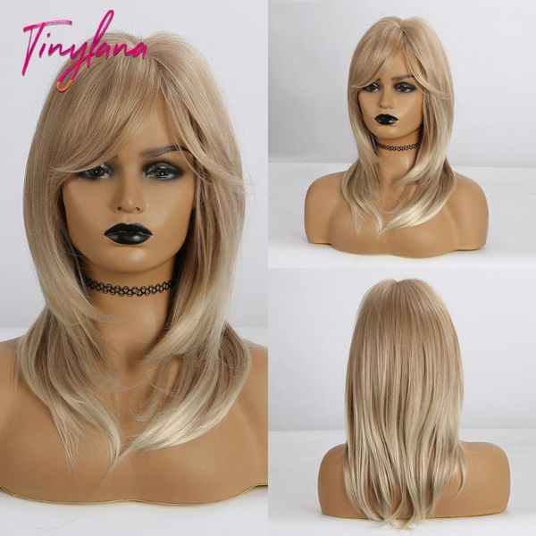 

lana shoulder medium-length hair ombre brown blonde mixed color synthetic wig straight with bangs heat resistant for women1, Black