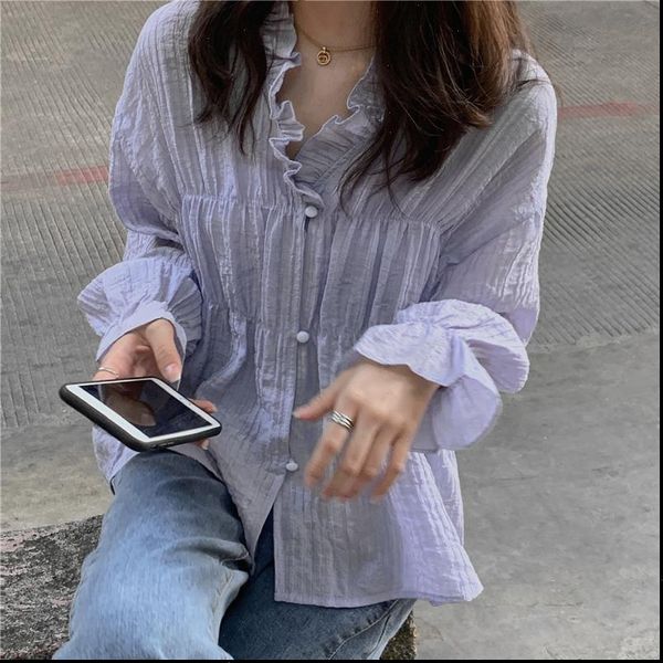 

fashion ruffle bubble sleeve womens blouses casual autumn elegant pleated v neck single breasted long shirts, White