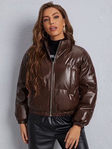 

zipper front pu leather puffer coat x8gf#, Black