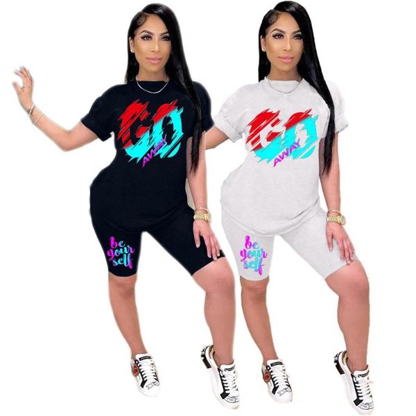 

women's tracksuits casual women solid letter printed two piece sets fashion sportwear o-neck short sleeve tee bodycon biker shorts suit, Gray