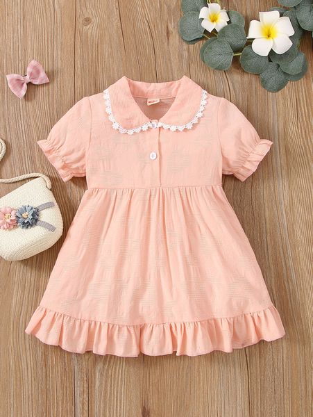 

baby guipure lace detail puff sleeve ruffle hem textured dress she, Red;yellow
