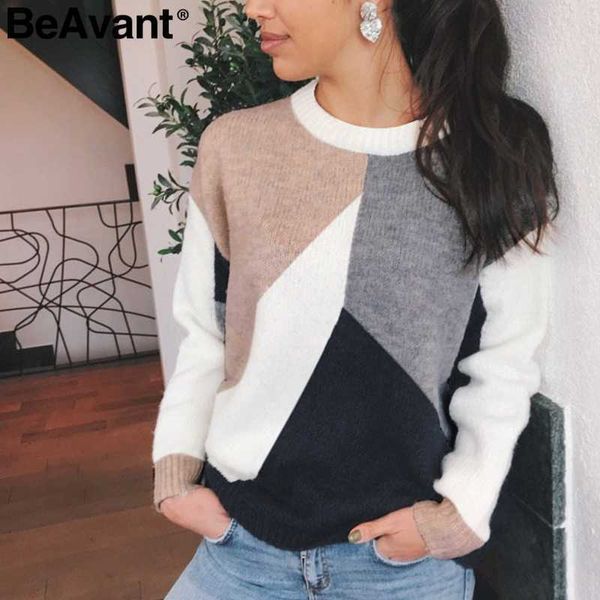 

beavant casual o-neck pullover sweater knitted patchwork long sleeve women sweater england ladies chic warm winter sweater 210709, White;black