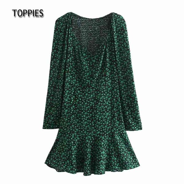 

ies green flowers printing slim mini dresses deep v-neck dress spring summer clothes long sleeve 210412, Black;gray