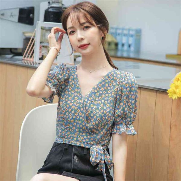 

fashion short-sleeved floral chiffon shirt women's summer short print puff sleeve high waist v-neck small 210520, White
