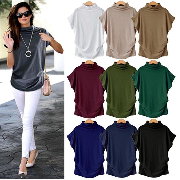 

women's t-shirt olomlb 2021 fashion casual summer solid loose t shirt short batwing sleeve turleneck ladies plus size basci, White