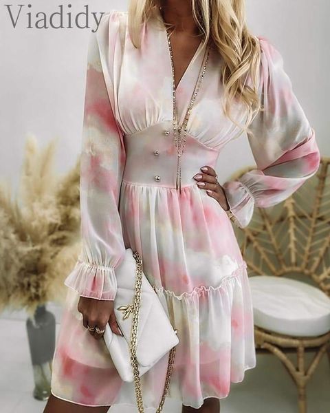 

casual dresses women deep v neck tie dye print long sleeve shirring ruffles button design dress, Black;gray