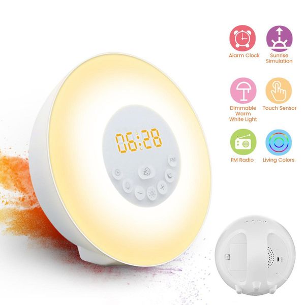 

simulated sunrise and sunset wake-up alarm clock led colorful color changing atmosphere bedside sleep aid night light fm radio