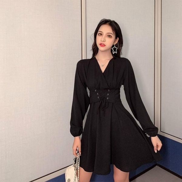 

women autumn winter vistidos lady elegant v-neck long sleeve lace up dresses female solid loose short pleated dress g93 casual, Black;gray