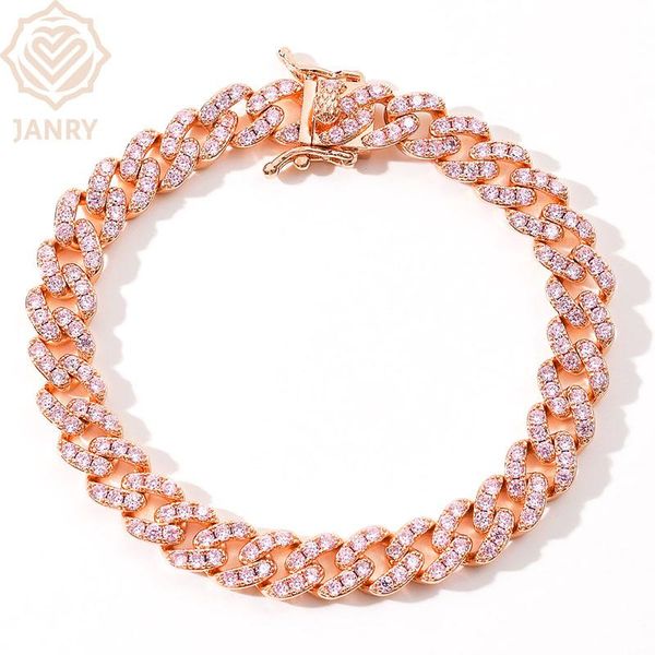 

link, chain janry 9mm fashion miami rose gold cuban bracelet full iced out cubic zirconia hip hop rapper rock jewelry gift for men, Black