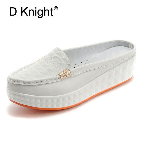 

slippers women's casual close toe slip-on platform wedge fashion round genuine cow leather slides for women size 35-40, Black