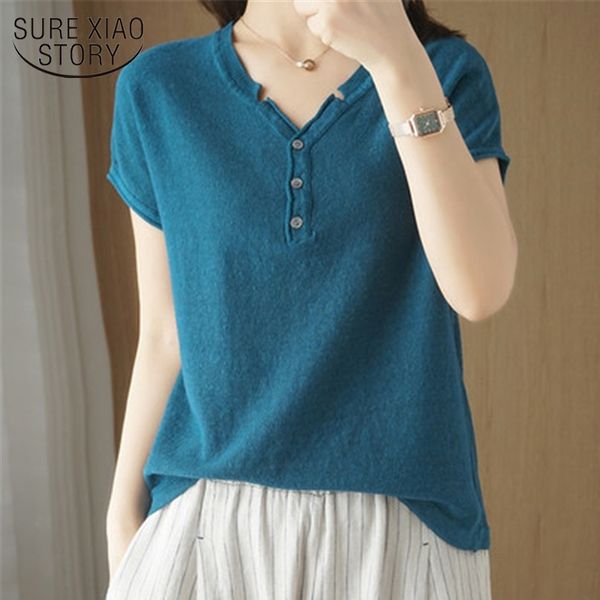 

summer blouse for women v-neck knitted short sleeve cotton t-shirt casual loose shirt office lady clothing blusas 14643 210528, White