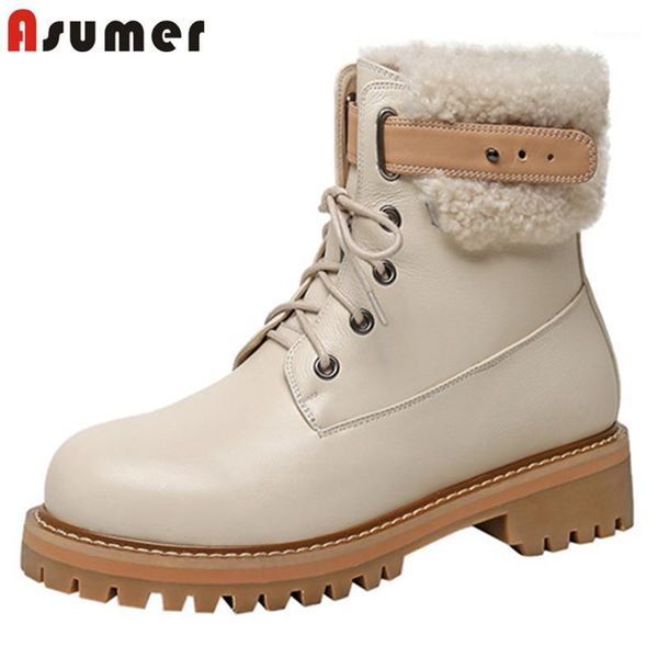 

boots asumer genuine leather footwear women winter snow lace up thick heel casual ankle1, Black