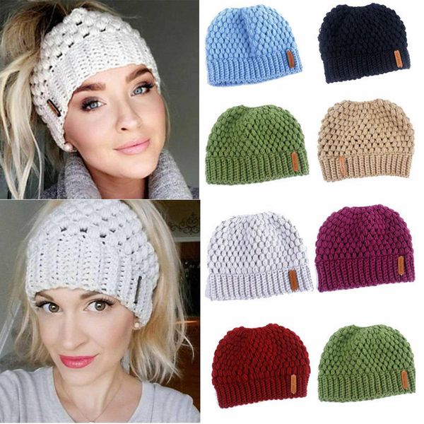 

winter knitting hats winter women hat ladies girl stretch knit hat with tag messy bun ponytail beanie holey warm hats caps, Black;white