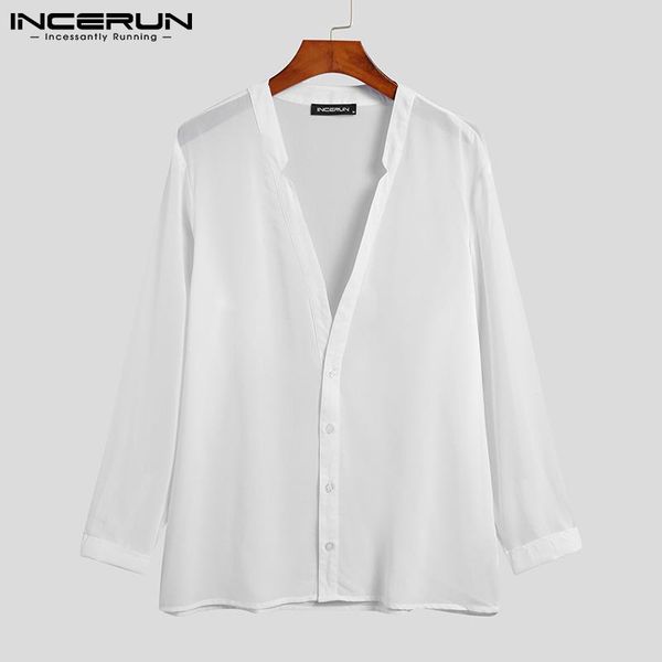 

men's casual shirts men shirt 2021 see through streetwear deep v neck long sleeve button clothing solid color camisas 5xl incerun 7, White;black