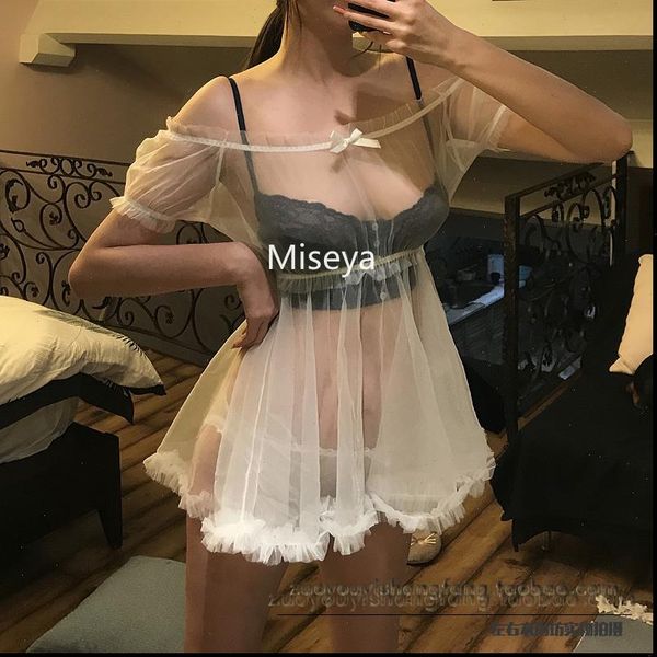 

white black slash neck princess women sleepwear nightgown mesh lingerie homewear night dress, Black;red