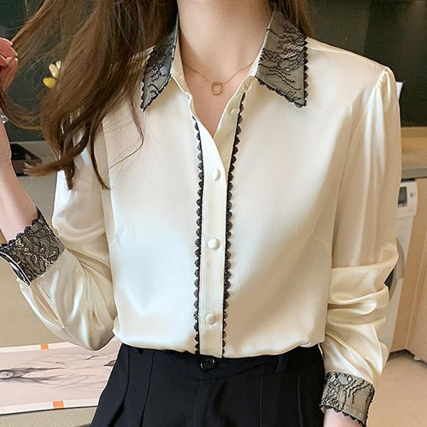 

women's blouses & shirts femme long sleeve blouse women blusas mujer de moda 2021 lace turn down collar chiffon blosue shirt e666, White