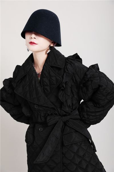 

msxu female retro wood ears loose mid-length double breasted cotton jacket ties, Black;brown