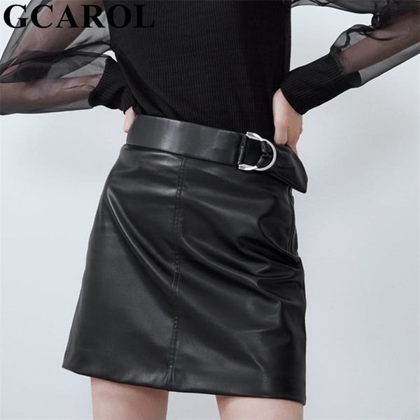 GCarol Novas Mulheres Preto PU Couro Mini Saia A-Linha De Metal Fivela Sexy Faux Leather Primavera Verão Multi ocasião Skirt 210412