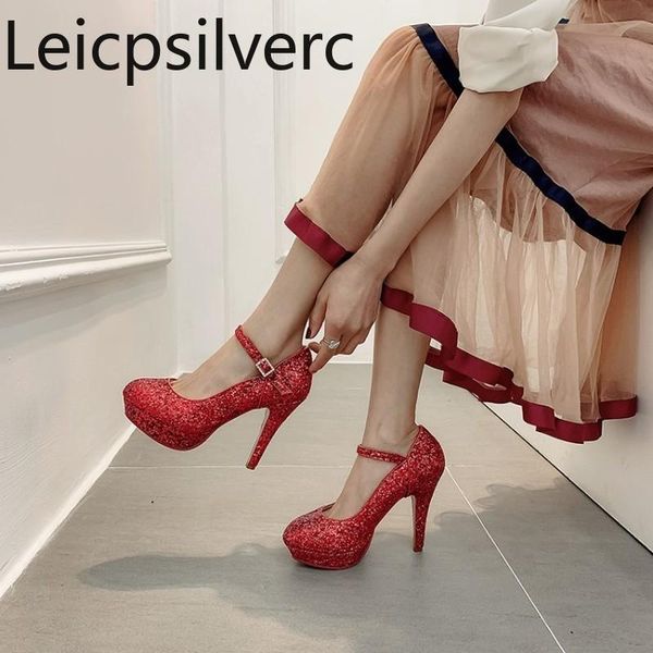 

dress shoes pumps spring and autumn the fashion round head shallow mouth buckle sequin fine heel high women's plus size 32-43, Black