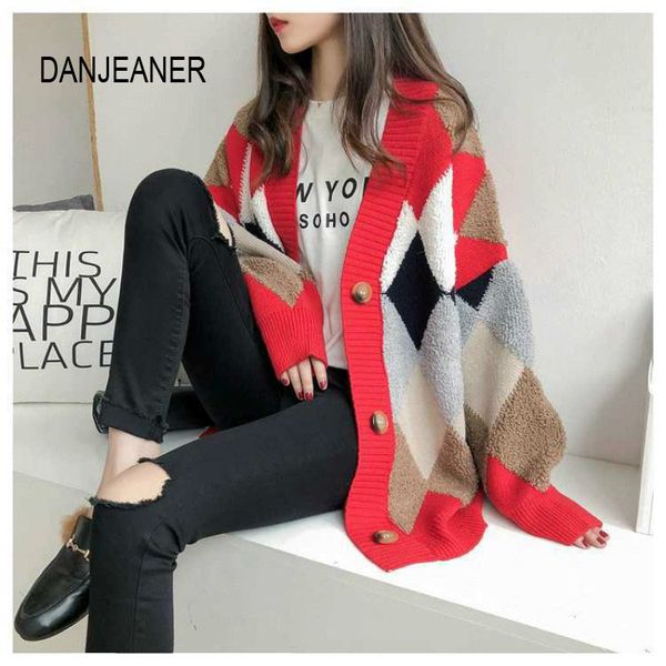

danjeaner sweater women spring fashionable casual plaid v-neck long sleeve cardigans single breasted puff sleeve loose coats, White;black