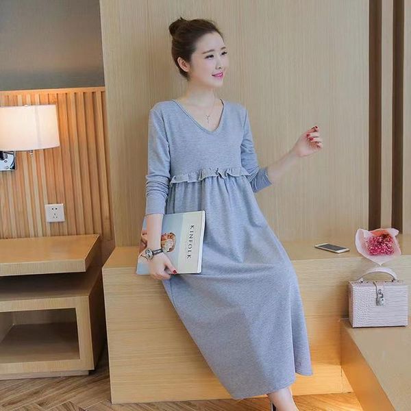 

maternity dresses 2021 spring and autumn long skirt nursing v-neck ruffle stitching korean sleeve dress, White