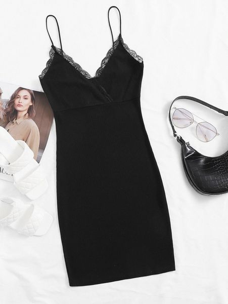 

lace trim rib-knit bodycon cami dress h4wz#, Black;gray