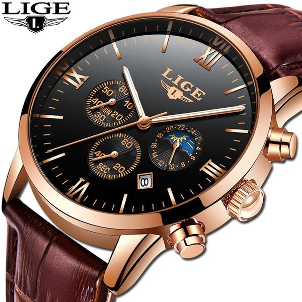 

wristwatches relojde hombre lige men's watches men business fashion leather watch moon phase date luminous multi-function sports quartz, Slivery;brown
