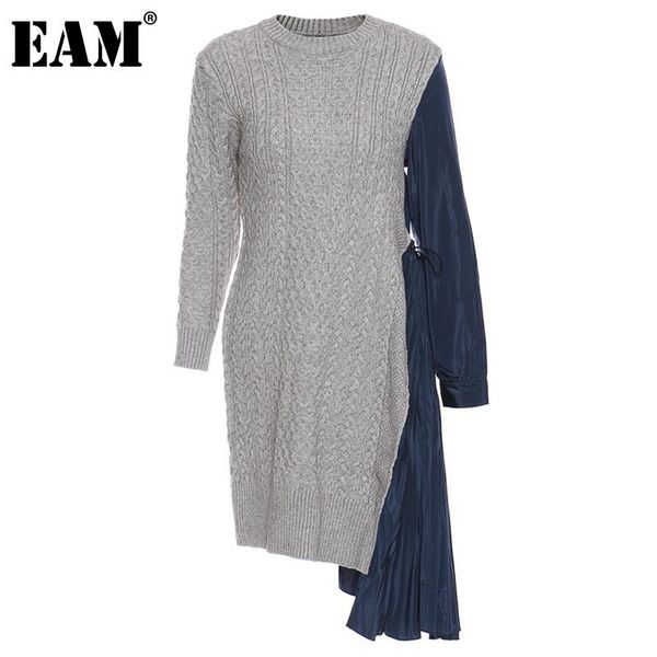 

[eam] women contrast color pleated knitting dress round neck long sleeve loose fit fashion tide autumn winter 2021 1dd2831 casual dresses, Black;gray