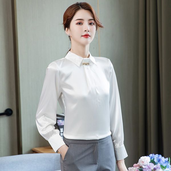 

women's blouses & shirts vintage turtleneck woman elegant office long sleeve women korean style chiffon satin yellow red whit, White